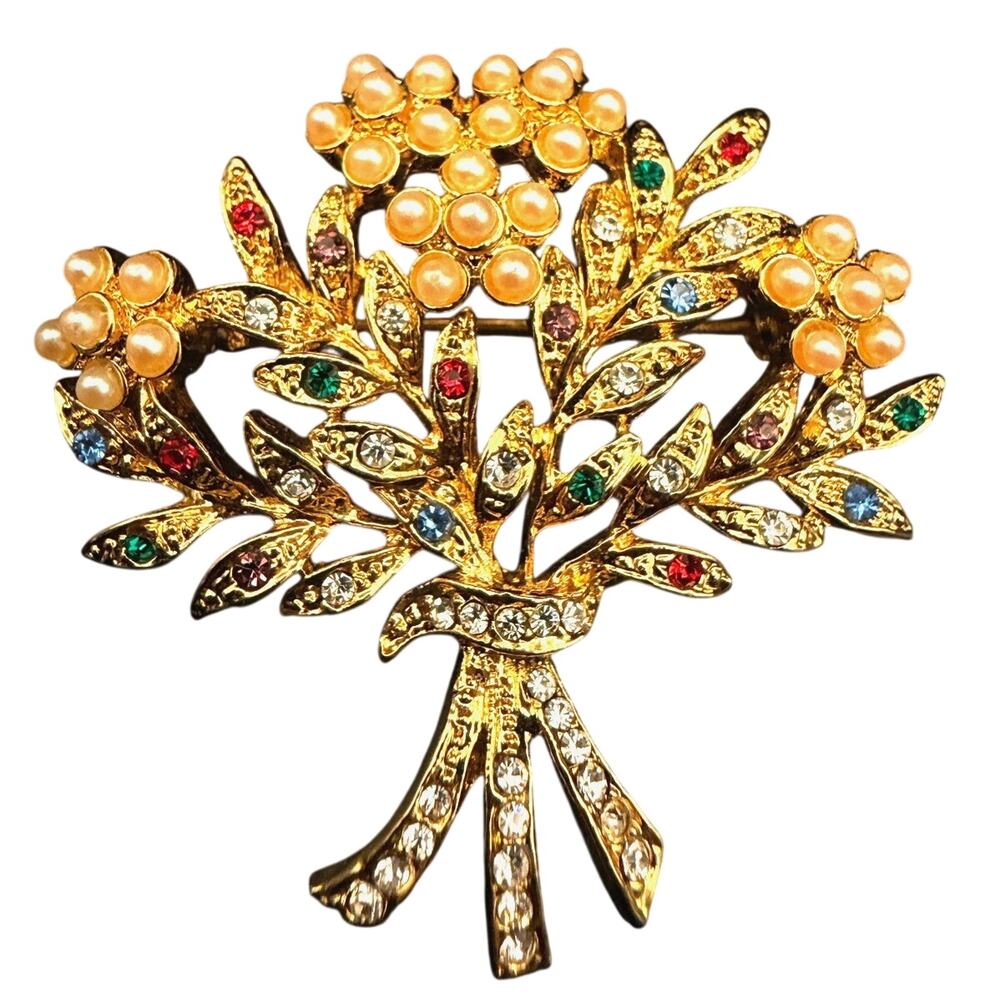 Flower Bouquet Brooch Goldtone Faux Pearls Multicolor Rhinestones